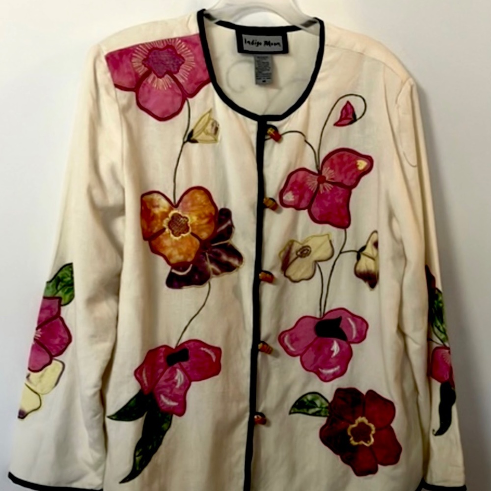 Indigo Moon  jacket M,,top, contemp,flloral,,NWOT ,art-to-wear,Cotton blenld,